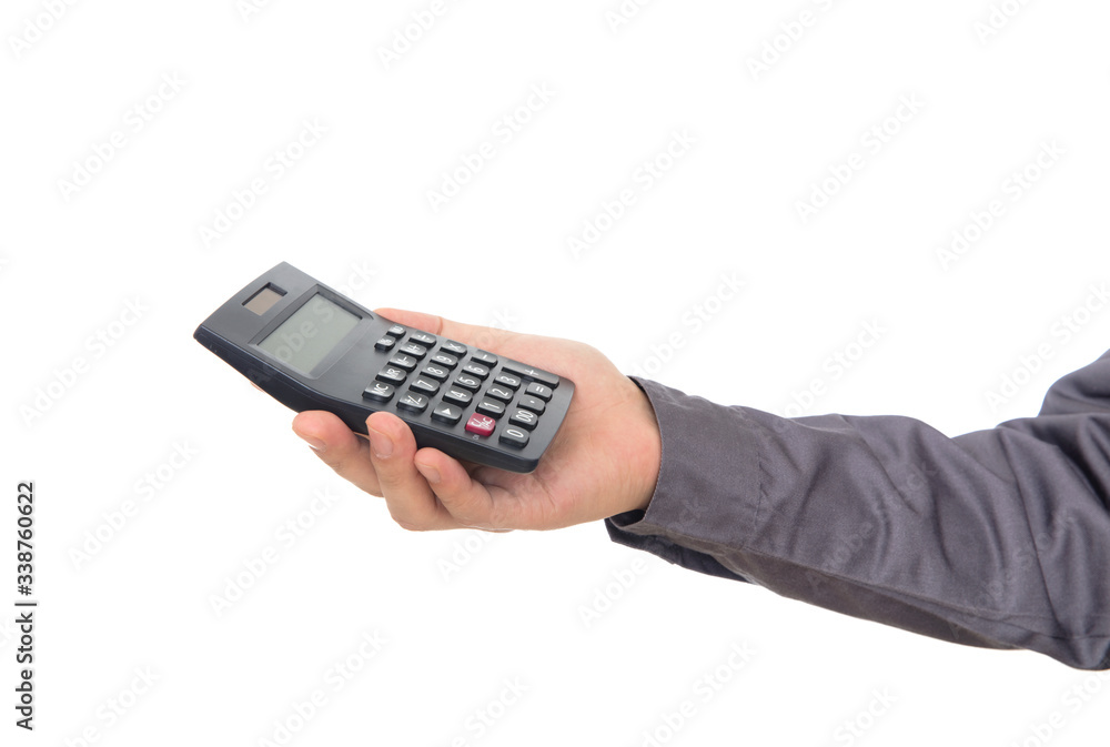 Accountant holding calculator in hand in front of white background Accountant holding calculator in hand in front of white background