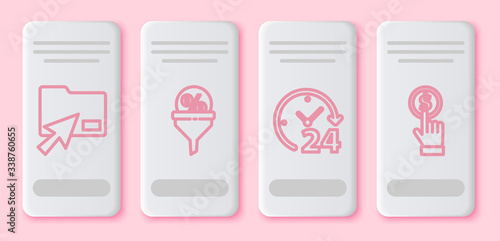Set line Cursor click document folder, Lead management, Clock 24 hours and Hand holding coin. White rectangle button. Vector
