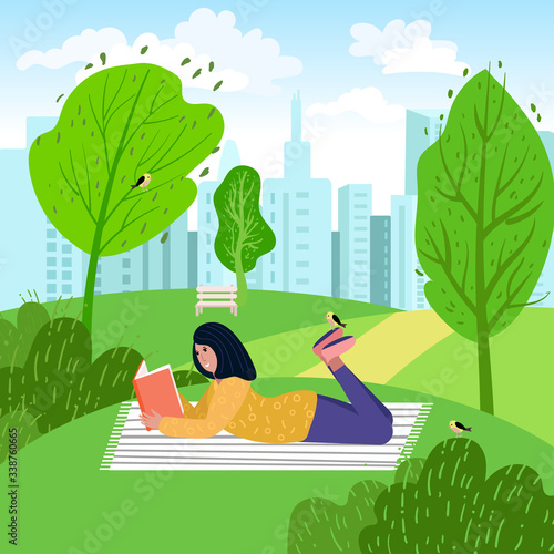 Woman is reading book in the park. Student preparing to exam, lying on the grass. Cute vector cartoon illustration with relax girl outdoor. Literature fan in the nature.