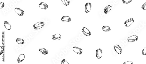 Hand drawn pistachios seamless pattern, black ink drawing sketch vector illustration on white background