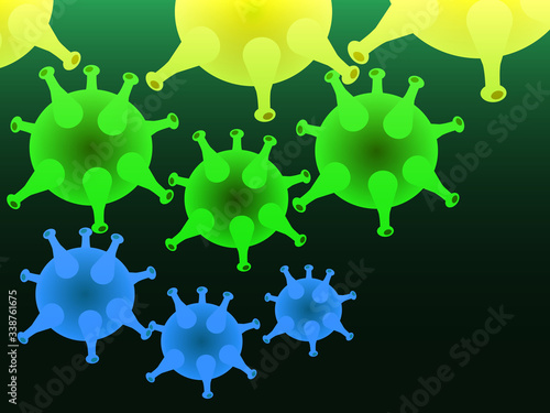 Virus illustrative pattern and background. Health care and medical science concept illustration. Colored micro organisms colony on dark backdrop