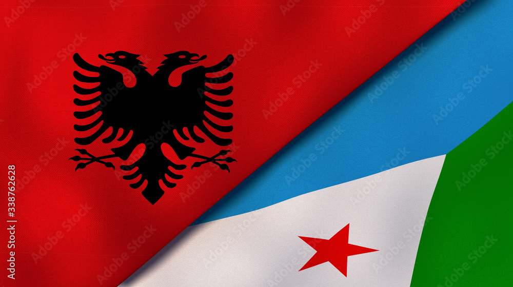 Obraz premium The flags of Albania and Djibouti. News, reportage, business background. 3d illustration