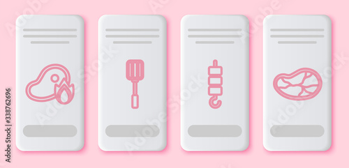Set line Grilled steak meat and fire flame, Spatula, Grilled shish kebab on skewer stick and Steak meat. White rectangle button. Vector