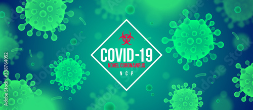 Coronavirus green background. Novel coronavirus 2019-nCoV illustration. Concept of dangerous Covid-19 pandemic poster. Vector design.