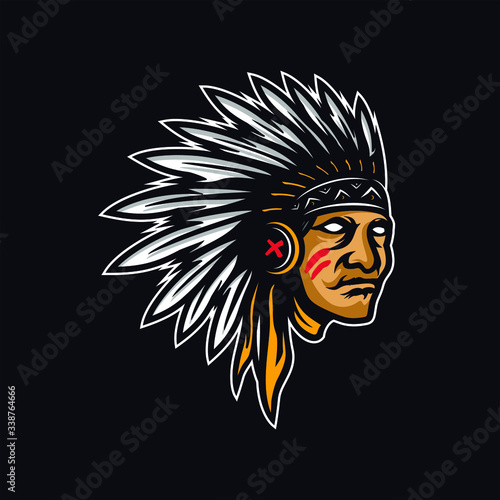 American native chief head mascot. Vector logo or icon, Design element for logo, poster, card, banner, emblem, t shirt. Vector illustration