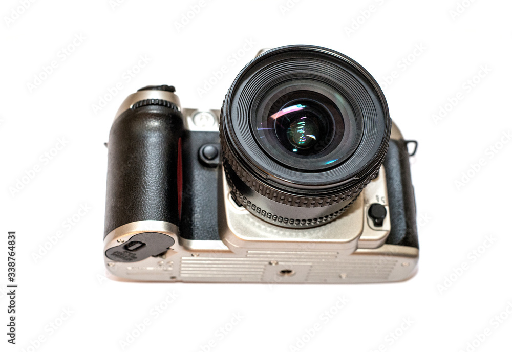 Classic photo camera isolated on white background. Retro camera. Film camera with big round lense