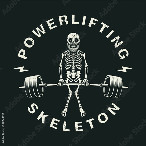 Powerlifting. Illustration of human skull, skeleton with weightlifting. Design element for logo, poster, card, banner, emblem, t shirt. Vector illustration