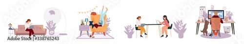 People working studying in comfortable conditions set vector flat illustration. Freelance people with computers at home in quarantine. Online shopping, education. Man and woman self employed concept