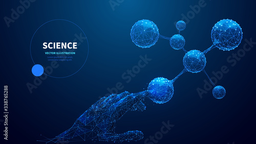 human hand touching a molecule polygon blue