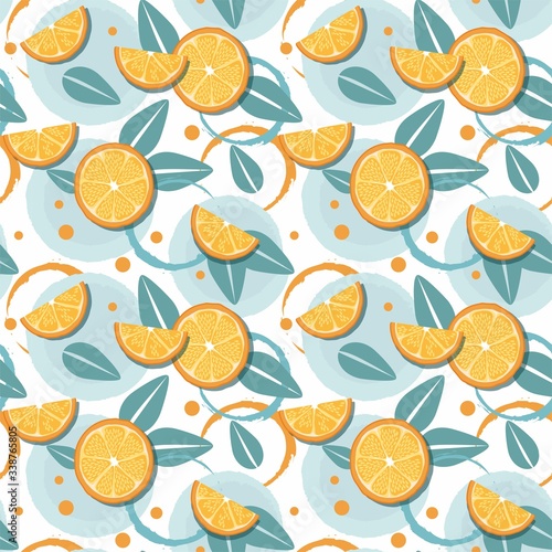 Slices of orange and leaf on white background. Summer tropical pattern. 