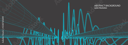 Vector abstract background with a wireframe dynamic waves, line and particles.