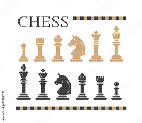 Chess piece icons isolated on white background. Cross stitch.