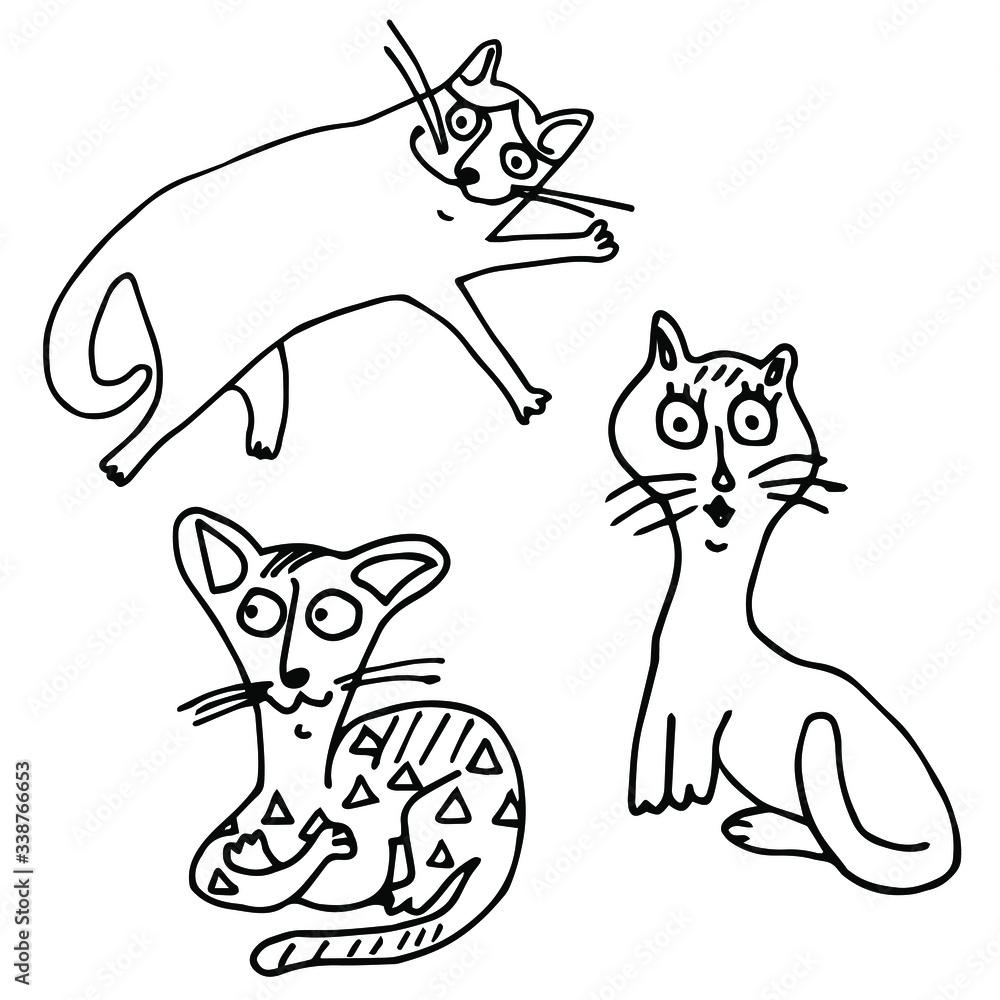 Three cute graphic cats. Line Artaud. White background, isolate. Stock illustration.