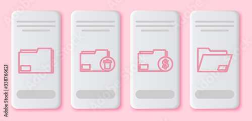 Set line Document folder, Delete folder, Finance document folder and Document folder. White rectangle button. Vector