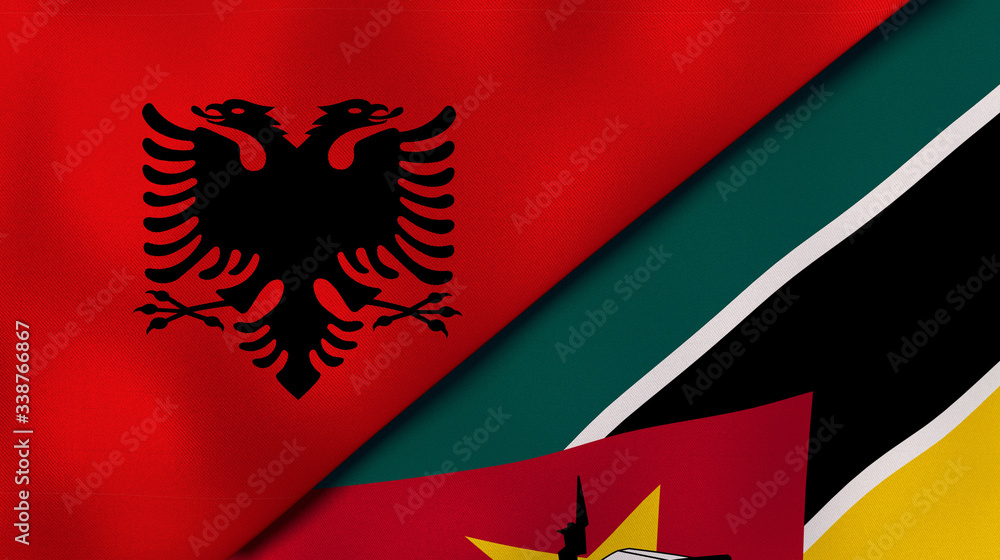 Fototapeta premium The flags of Albania and Mozambique. News, reportage, business background. 3d illustration