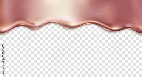 Gold rose foil drip pattern isolated on transparent background. Golden oil, metal pink flow texture. Vector glossy gradient liquid border template.