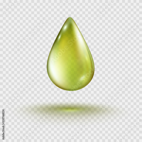 Drop isolated on transparent background. Cosmetic olive oil bubble. Golden gel template. Vector realistic green serum droplet