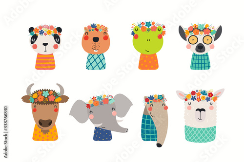 Set with cute funny animals in flower crowns and shirts. Hand drawn vector illustration. Isolated objects on white background. Scandinavian style flat design. Concept for children spring, summer print