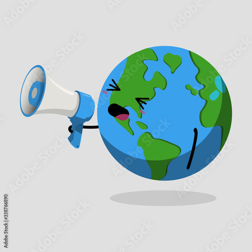 Vector illustration of a cute earth with a loudspeaker or megaphone. The character draws attention to a problem. Isolated illustration on a white background.