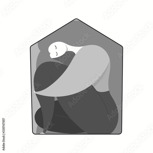 Coronavirus epidemic quarantine concept. Young woman at home. Hand drawn monochrome vector illustration. Isolated on white. Motivational poster, sticker. Flat style design. Covid-19 prevention.