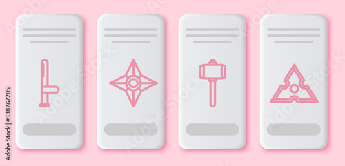 Set line Police rubber baton, Japanese ninja shuriken, Battle hammer and Japanese ninja shuriken. White rectangle button. Vector