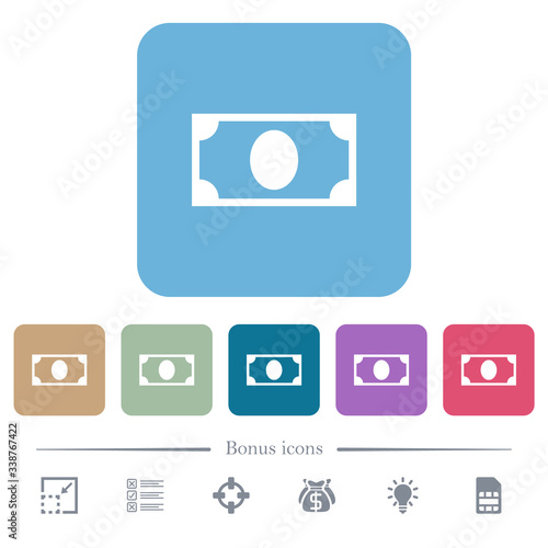 Single banknote flat icons on color rounded square backgrounds