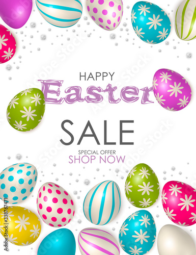 Easter poster and banner template with Easter eggs. Congratulations and gifts on the day of the Passover in a reclining style. Promotion and trading template for Easter