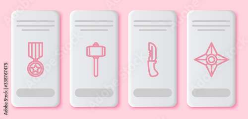 Set line Military reward medal, Battle hammer, Military knife and Japanese ninja shuriken. White rectangle button. Vector
