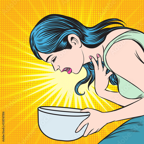 Women with coughing, sore throat and vomiting. Pop art retro hand drawn style vector design illustrations.

