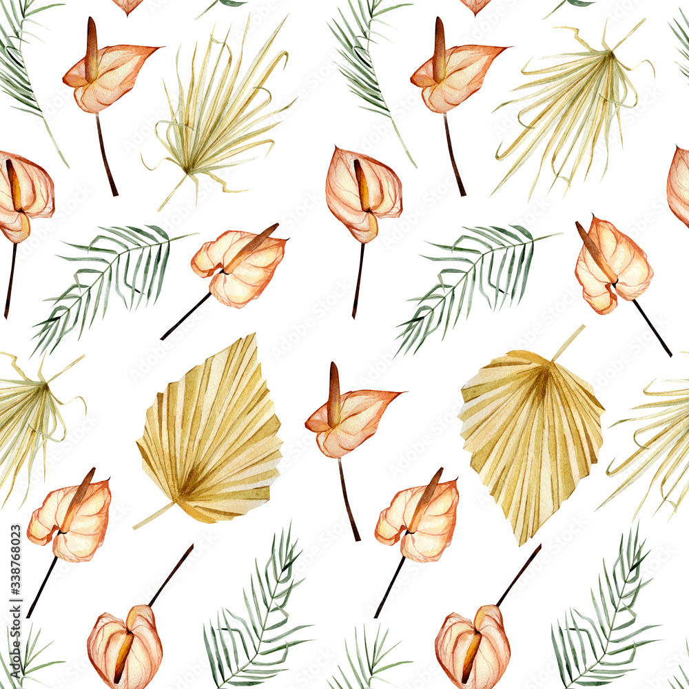 Fototapeta Watercolor tropical floral and flower seamless pattern in boho style. Bohemian dried botanical . Anthurium, palm, leaves for wedding invintation, textile fabric, wallpaper.