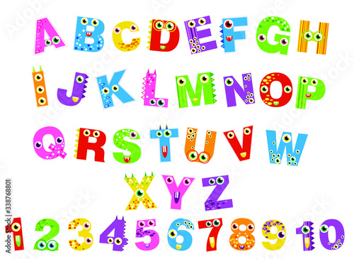 cute monsters ABC alphabet and numbers 1-10  decorative letters. alphabet for children. Kids learning material. Card for learning alphabet and numbers.