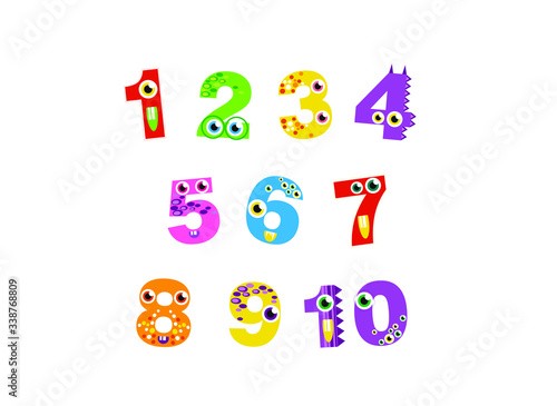 cute monsters numbers for children, from 1 to 10. Kids learning material. Card for learning numbers. Number 1-10.
