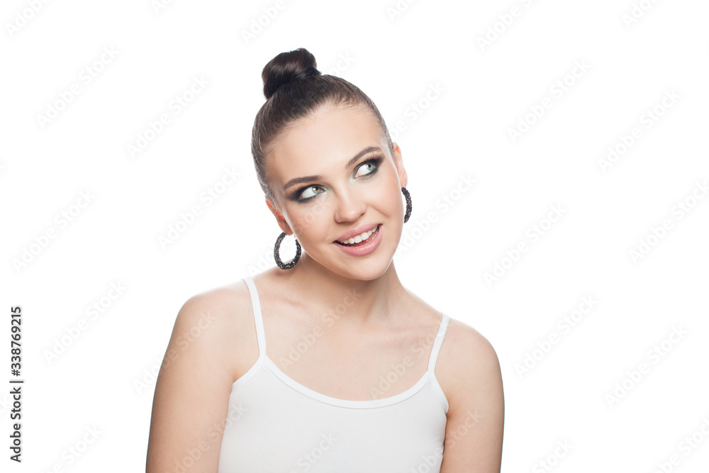 Happy smiling model woman with healthy clear skin isolated on white. Skincare and facial treatment concept Happy smiling model woman with healthy clear skin isolated on white. Skincare and facial treatment concept