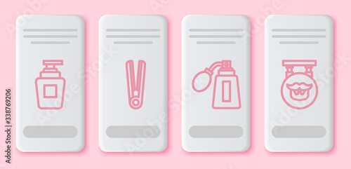 Set line Bottle of shampoo, Curling iron for hair, Aftershave bottle with atomizer and Barbershop. White rectangle button. Vector
