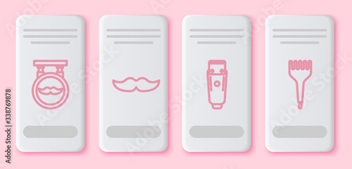 Set line Barbershop, Mustache, Electrical hair clipper or shaver and Hairbrush. White rectangle button. Vector