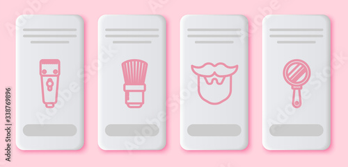 Set line Electrical hair clipper or shaver, Shaving brush, Mustache and beard and Hand mirror. White rectangle button. Vector