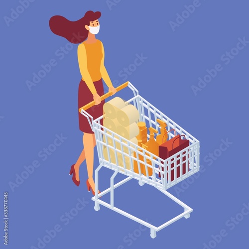 Isometric girl in a store with a shopping cart buys products during quarantine.