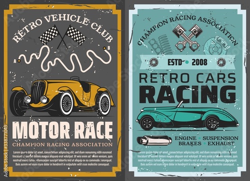 Vehicles motor race, retro cars club and restoration garagestation, vector vintage posters. Champion racing association, muscle cars grand prix rally route, finish flag and pit stop mechanic service