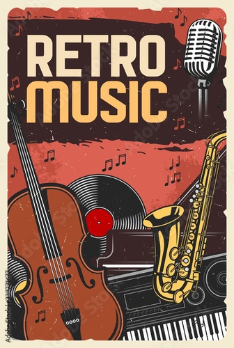 Retro music festival, jazz night or folk festival, vector vintage poster. Retro music band instruments, vinyl record player, synthesizer and orchestra violin, saxophone and singer microphone