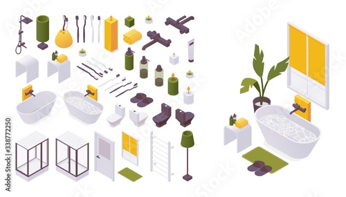 Isometric 3d bathroom furniture and accessories collection. Bathtub, faucet, window and toilet bowl in various foreshortening and colors. Set good for hotel and home design