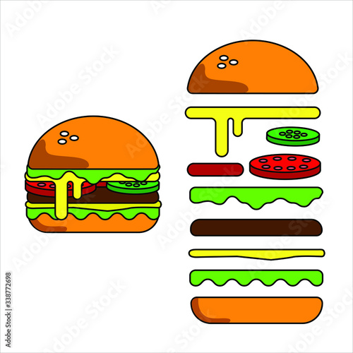 Whole Burger and isolated ingredients of hamburger on white background. Vector illustration