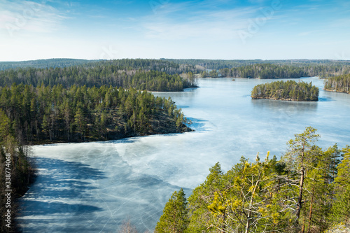 Beautiful landscape with icy lake in the national park Repovesi  Finland