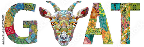 Word GOAT with the head of an animal. Vector zentangle object for decoration