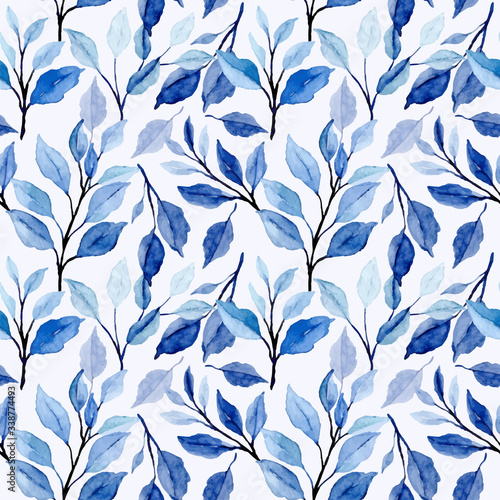 blue leaves watercolor floral seamless pattern