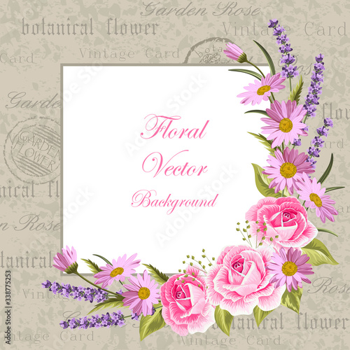 Beautiful flowers for invitation card. Vintage postcard background. Vector illustration