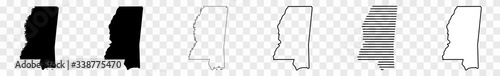 Mississippi Map Black | State Border | United States | US America | Transparent Isolated | Variations
