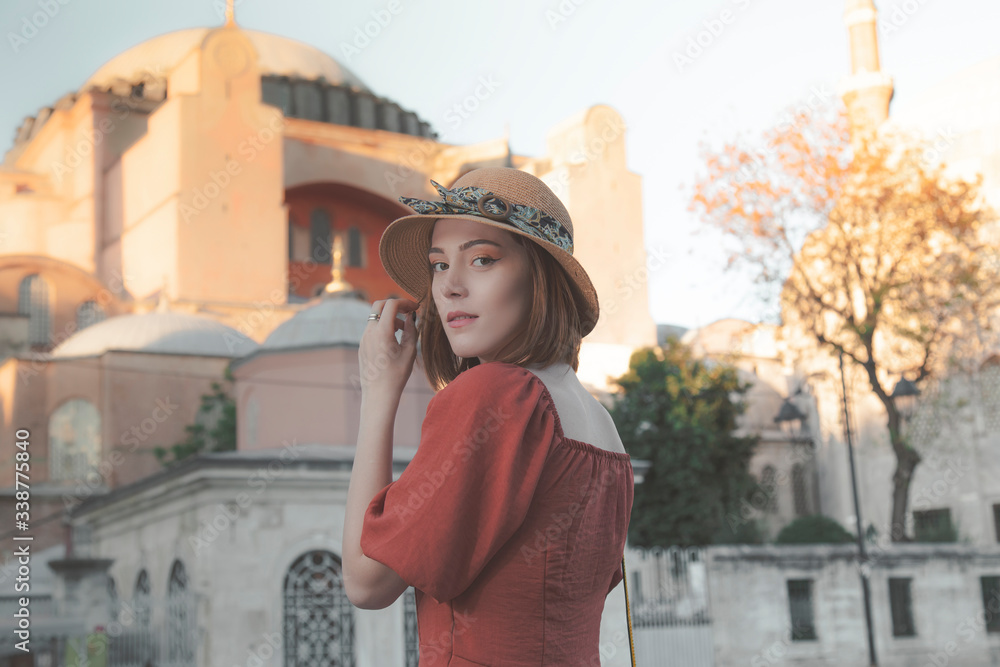 Beautiful model posing in front of Hagia Sophia elegant image from Istanbul