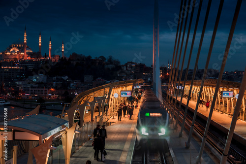 Tableau sur toile Istanbul, Turkey February 12, 2020: General view from Halic Metro Station with b