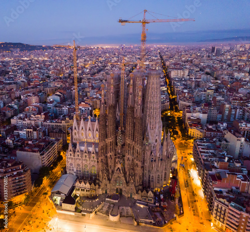 Barcelona, Spain - June 12, 2019: Basilica and Expiatory Church of the Holy Family by Gaudi at night from a drone. Sagrada Familia. Barcelona