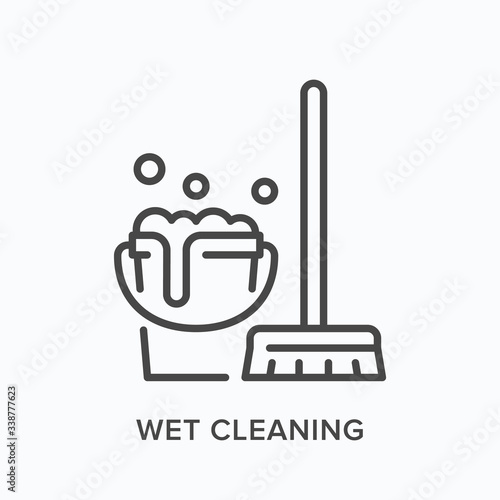 Wet cleaning line icon. Vector outline illustration of bucket and mop. Housekeeping pictogram